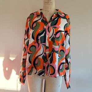 Boden Blouse size 12R, Abstract/floral white, black, orange, pink, & green print